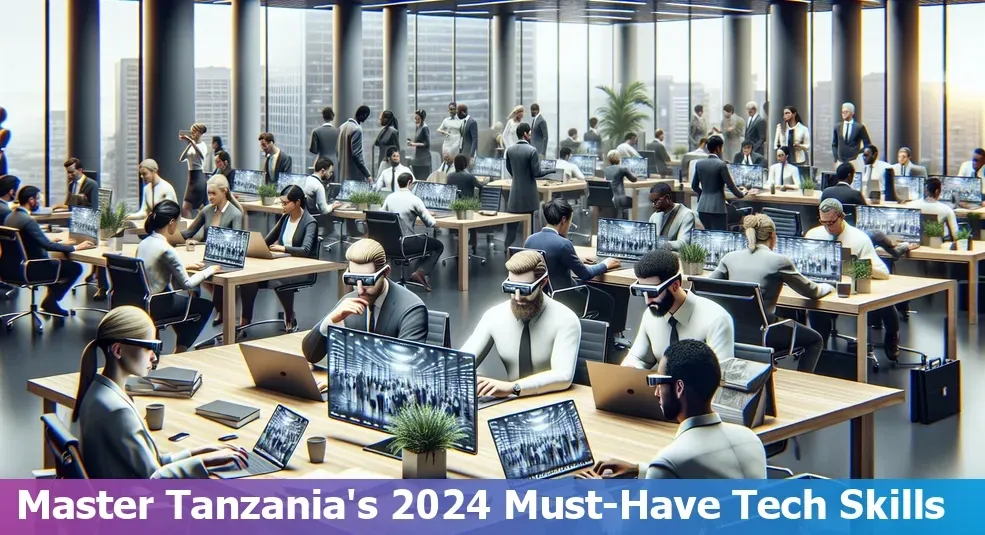 Busy modern office with diverse professionals working on laptops and desktops, highlighting Tanzania's top tech skills in 2024.